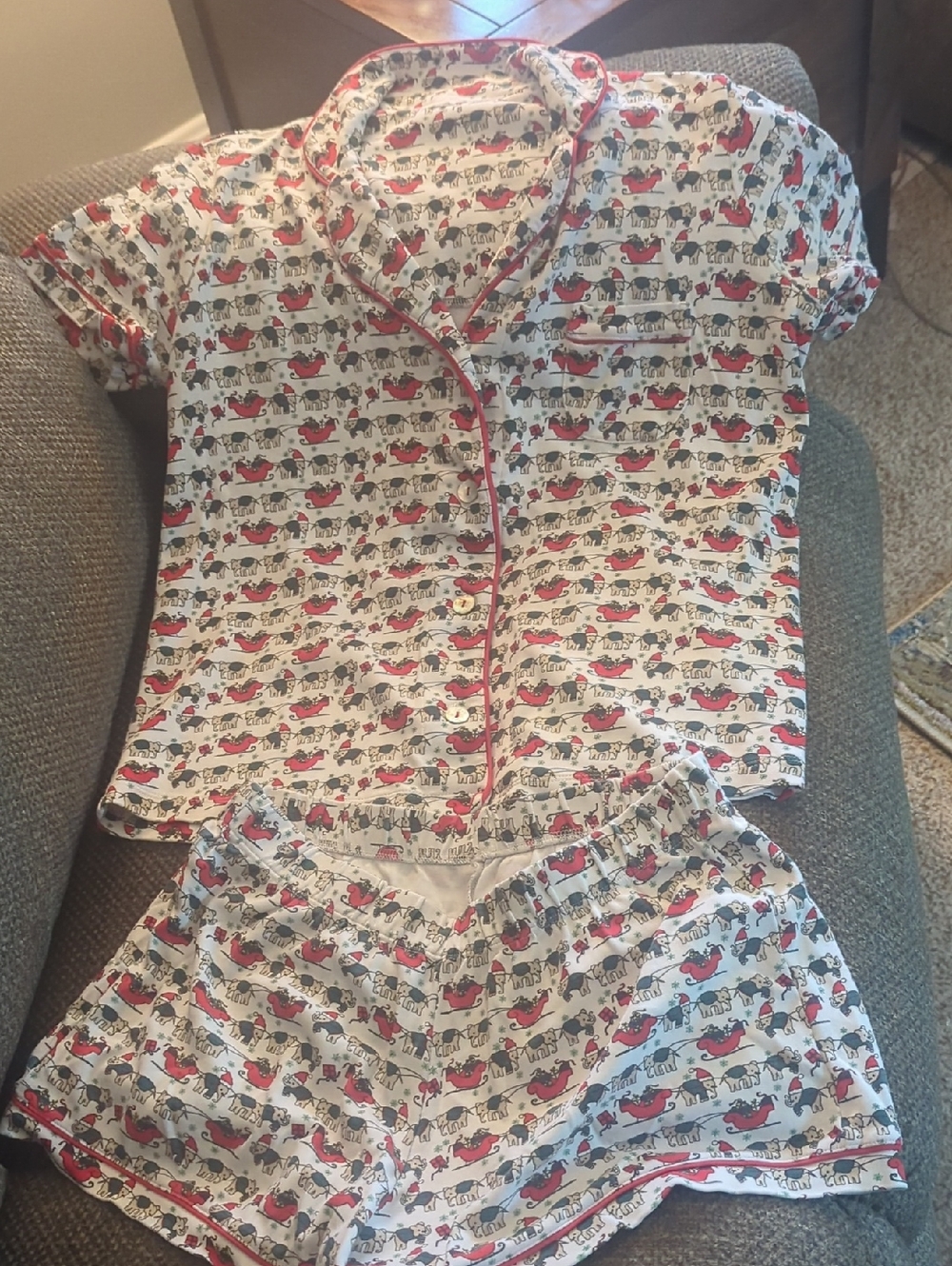 Roller Rabbit White Pajama Set with Red and Black Animal Print. Christmas Print.